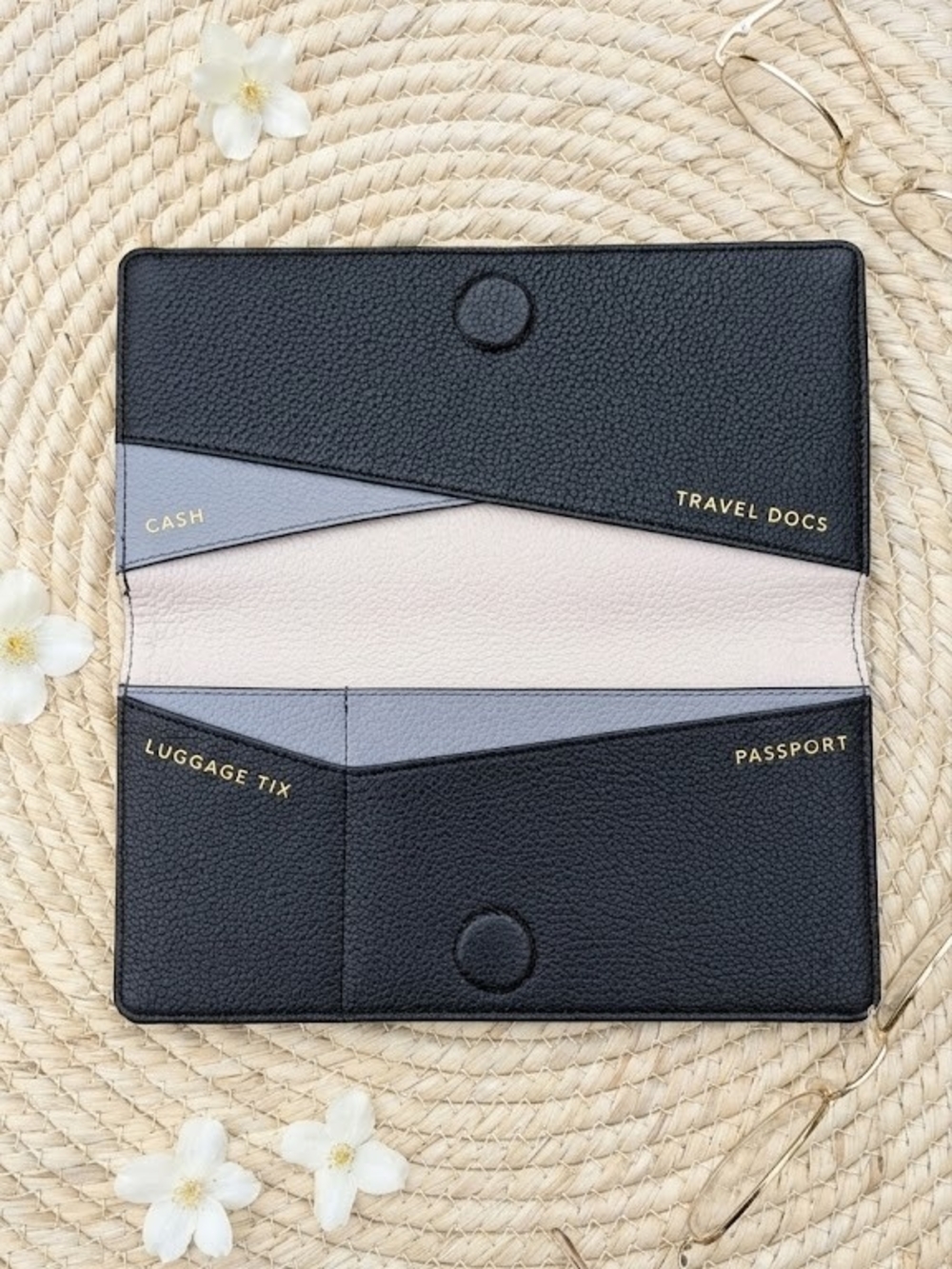 Love & Lore Colorblock Passport Travel Wallet Organizer Cream Black Grey Minimal
